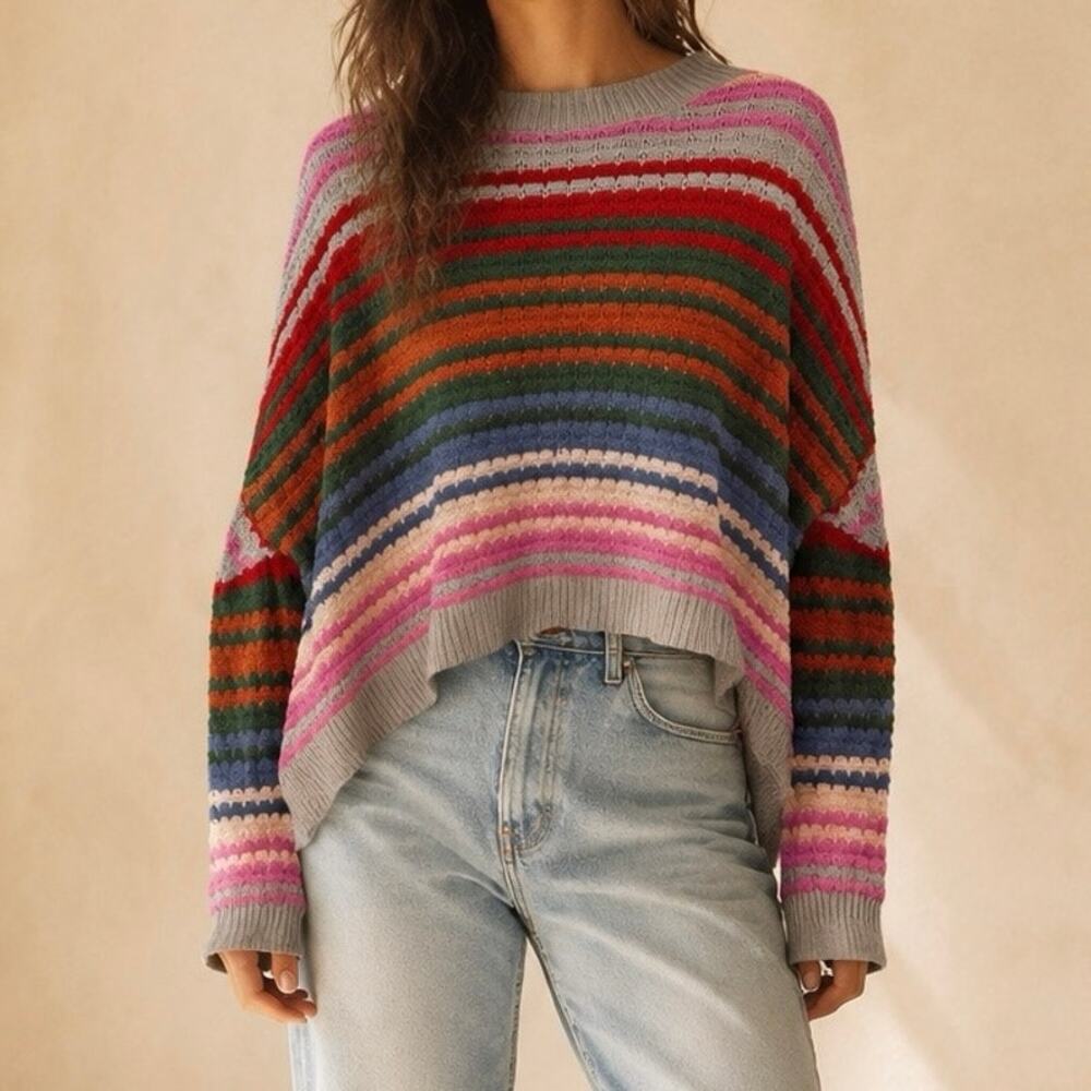 Maronie | Multicolor Cotton Blend Mockneck Pullover Preppy Bohemian Sweater